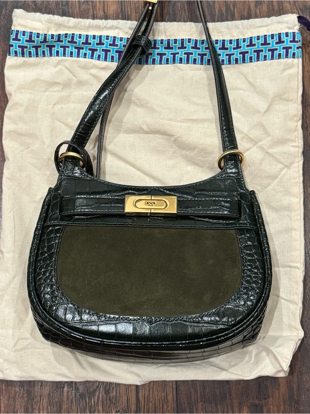 Authentic Tory Burch Lee Radziwill Embossed Frame Small Saddlebag Deep Kelp